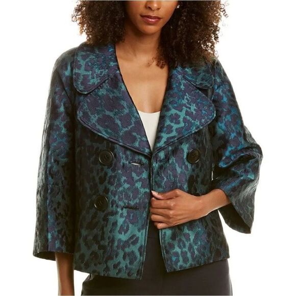 Elie Tahari Edna Leopard-Print Lacquard Green Multi Jacket Size Small - Picture 1 of 15